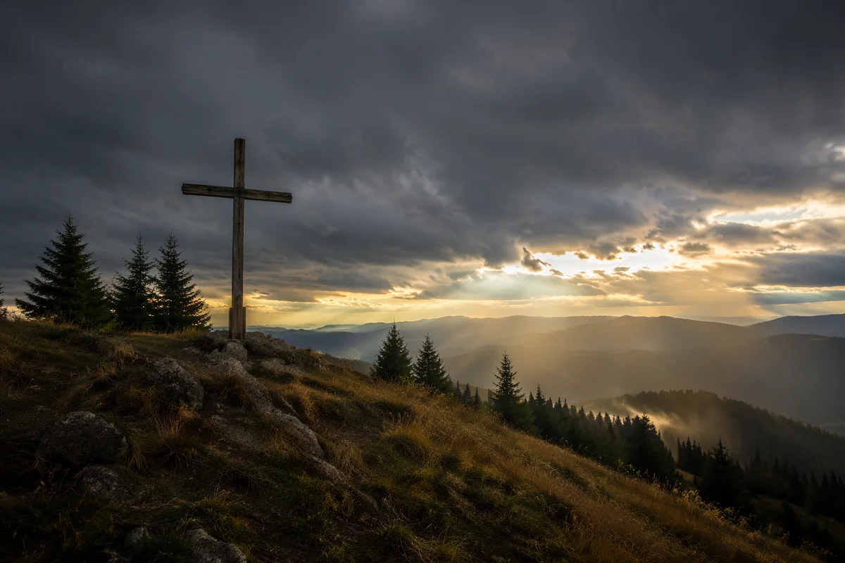 Weathered Wooden Cross Beneath Dramatic Sky