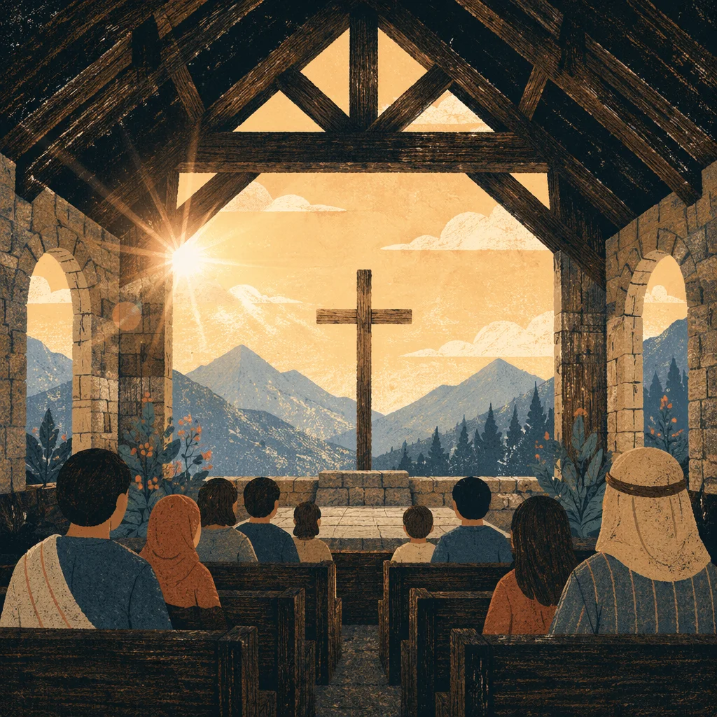 Wooden Cross Sunrise in Mountain Chapel