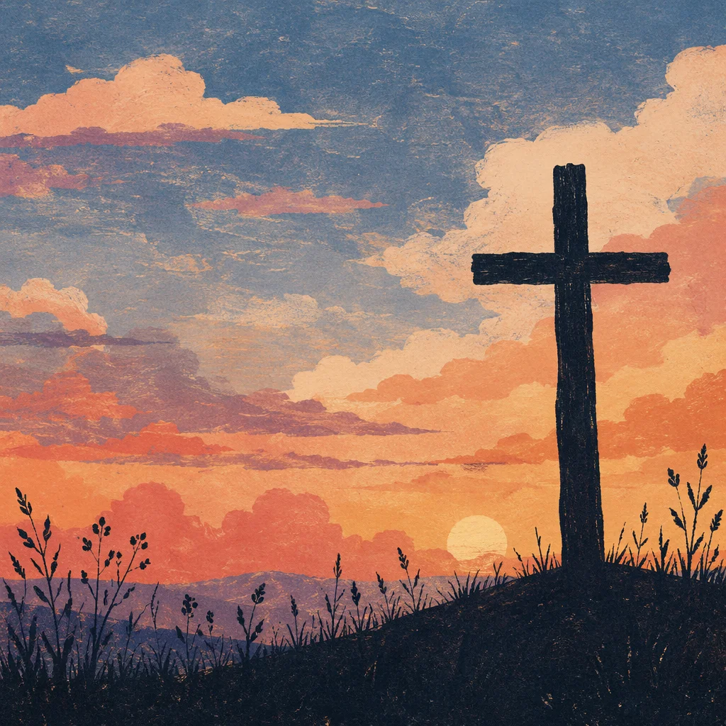 Wooden Cross Silhouette at Peaceful Sunrise