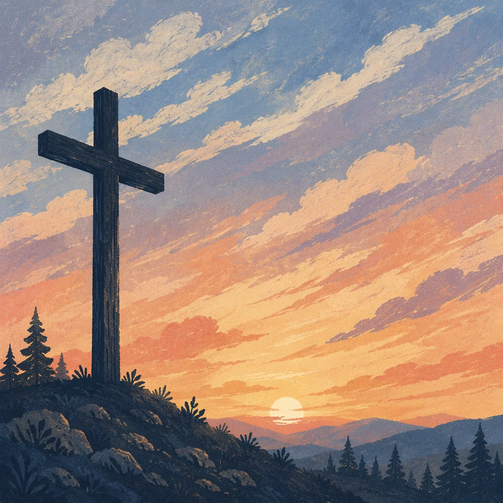 Wooden Cross Silhouette at Evergreen Sunrise