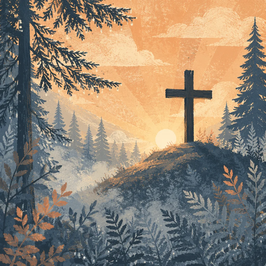 Wooden Cross at Evergreen Sunrise
