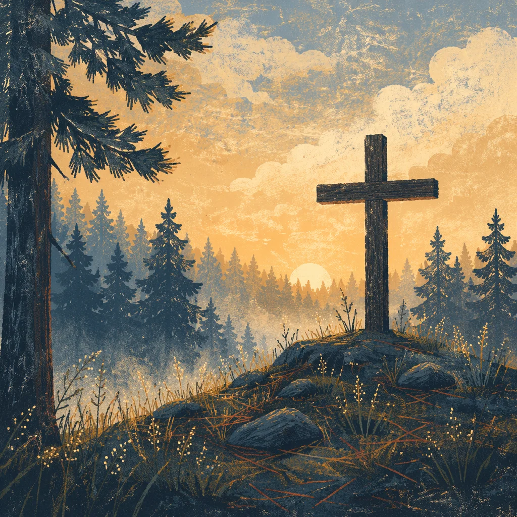 Wooden Cross at Evergreen Sunrise