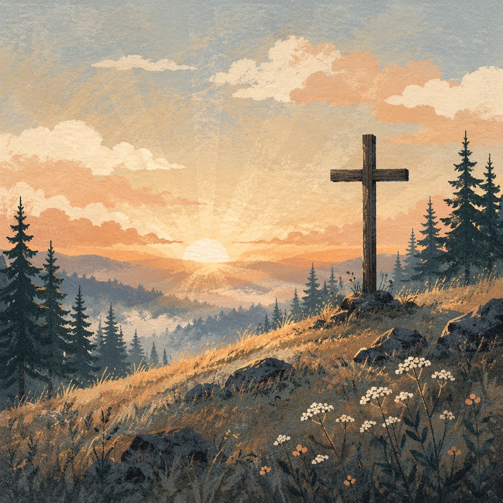 Wooden Cross at Evergreen Sunrise