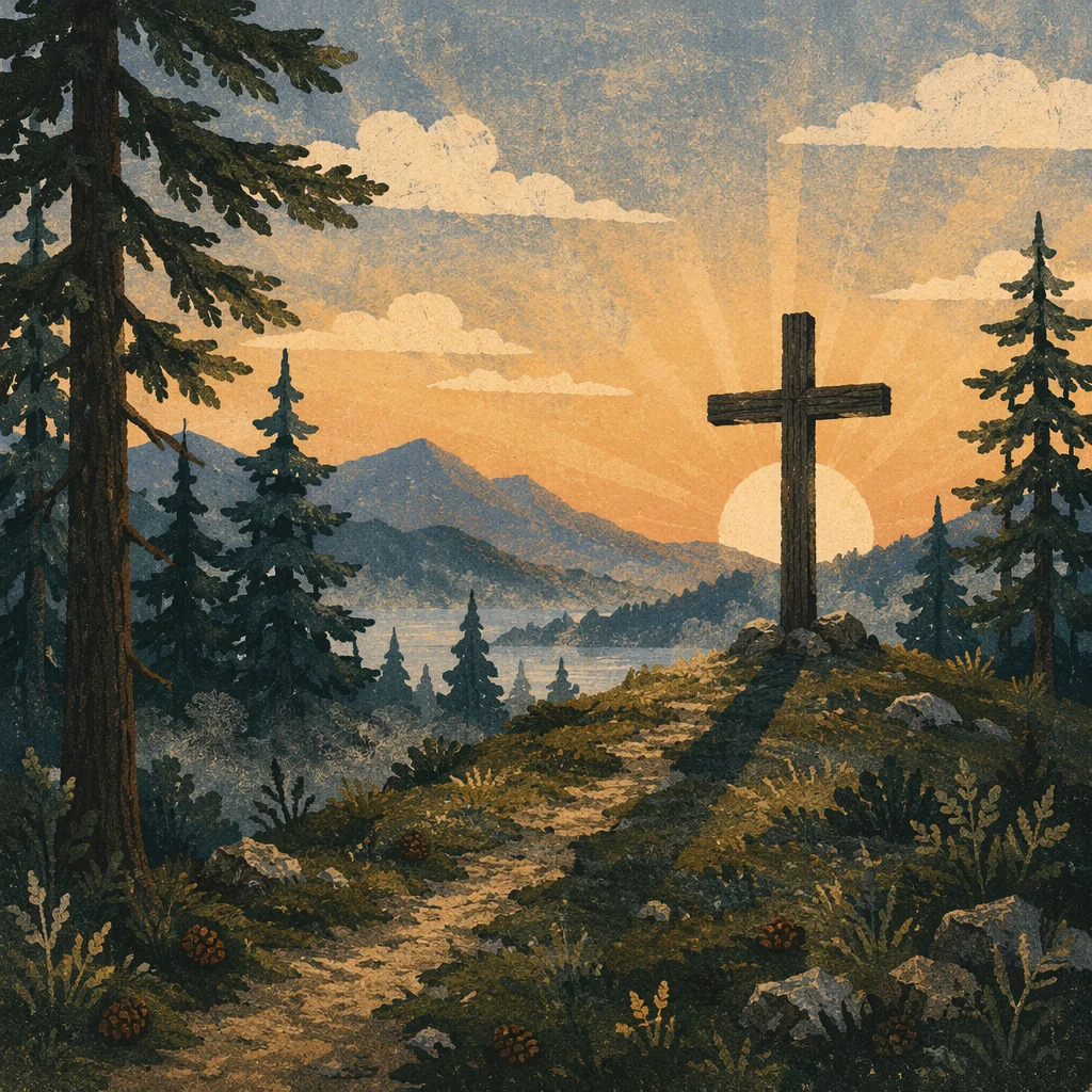 Wooden Cross Silhouette on Evergreen Sunrise Ridge