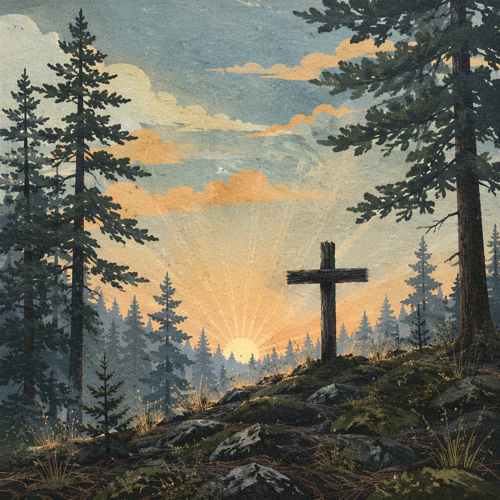 Wooden Cross at Sunrise in Evergreens