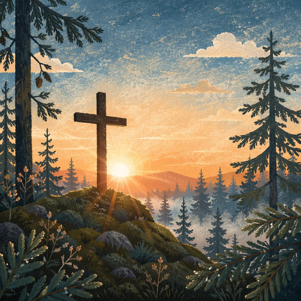 Wooden Cross at Evergreen Sunrise