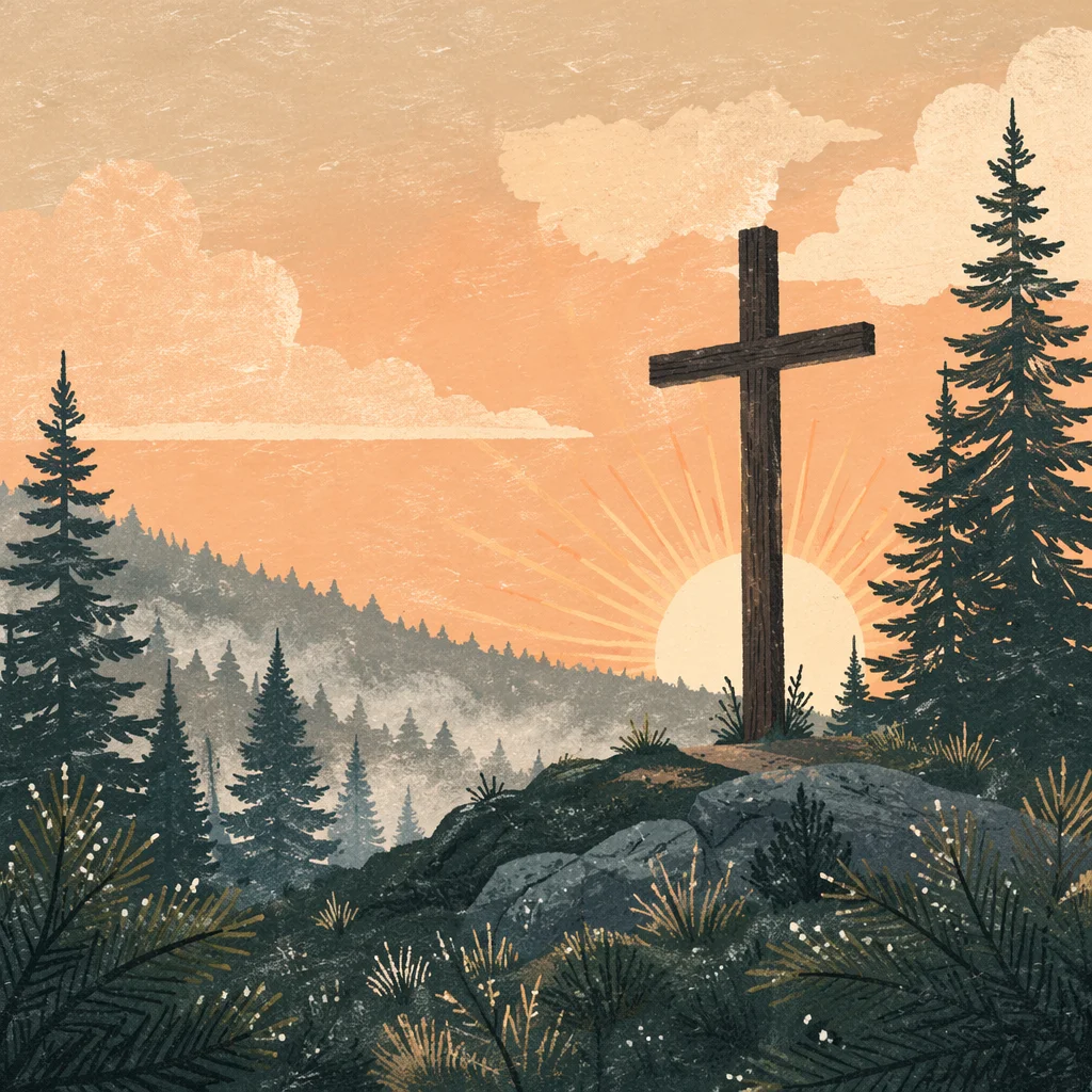 Wooden Cross at Evergreen Sunrise