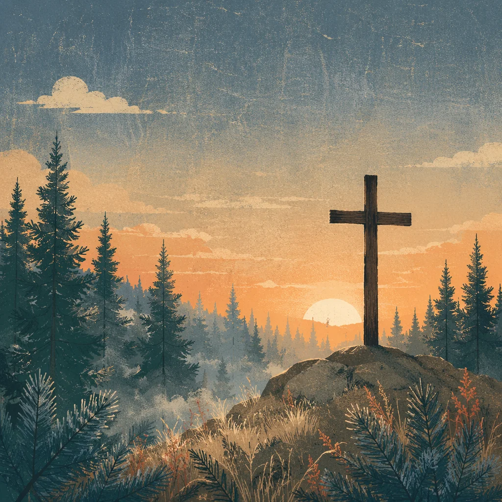 Wooden Cross Silhouette at Evergreen Sunrise