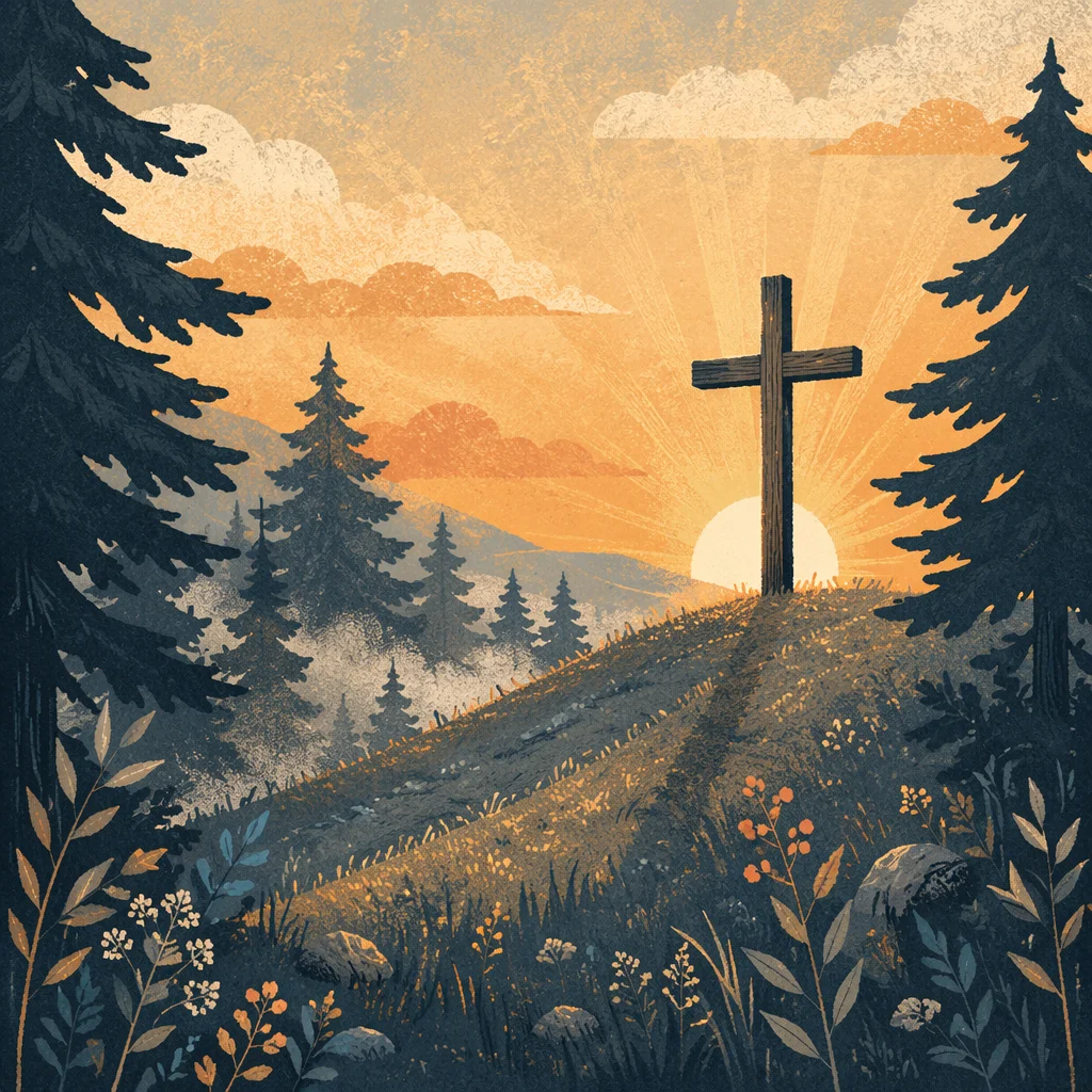 Wooden Cross at Evergreen Sunrise