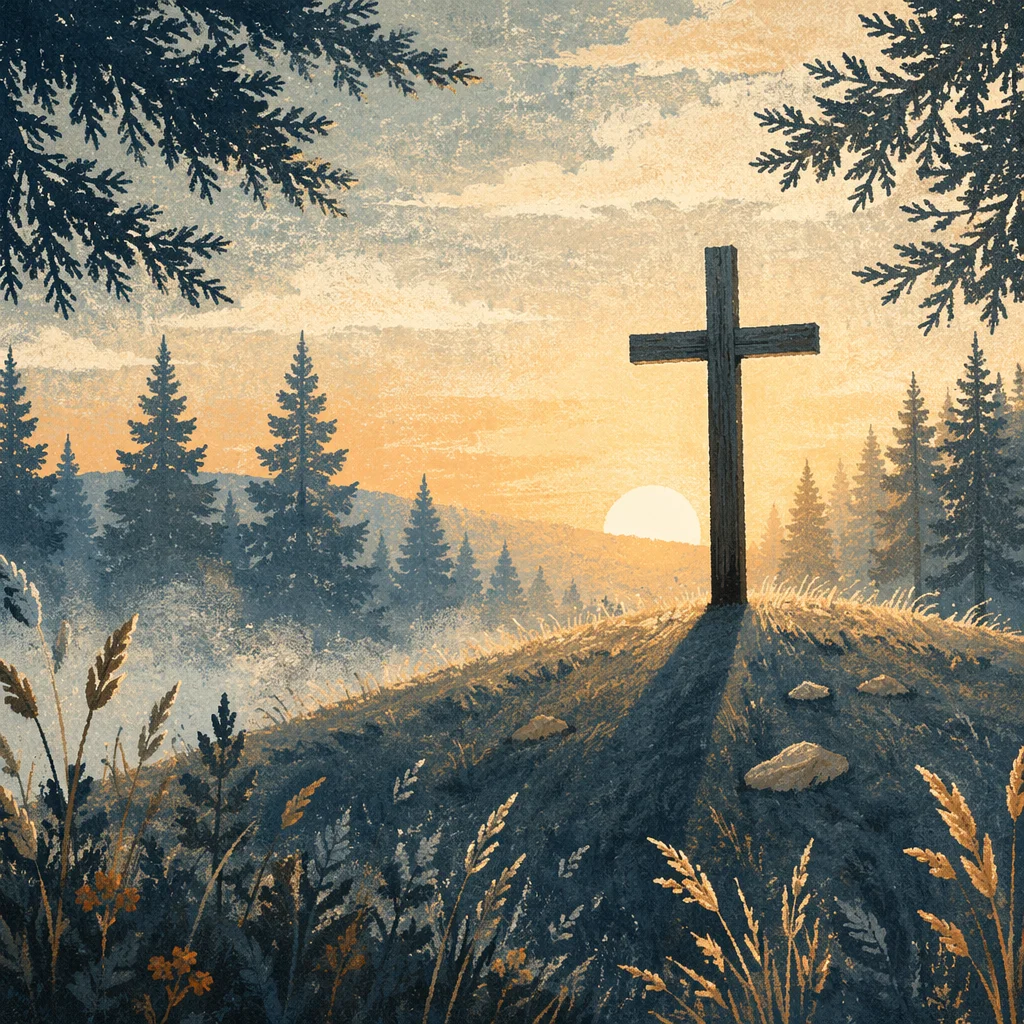 Wooden Cross at Evergreen Sunrise
