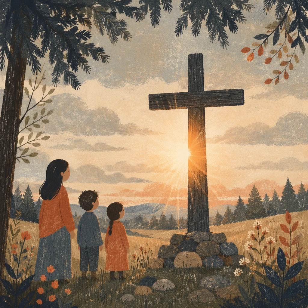 Wooden Cross Silhouette at Rural Sunrise