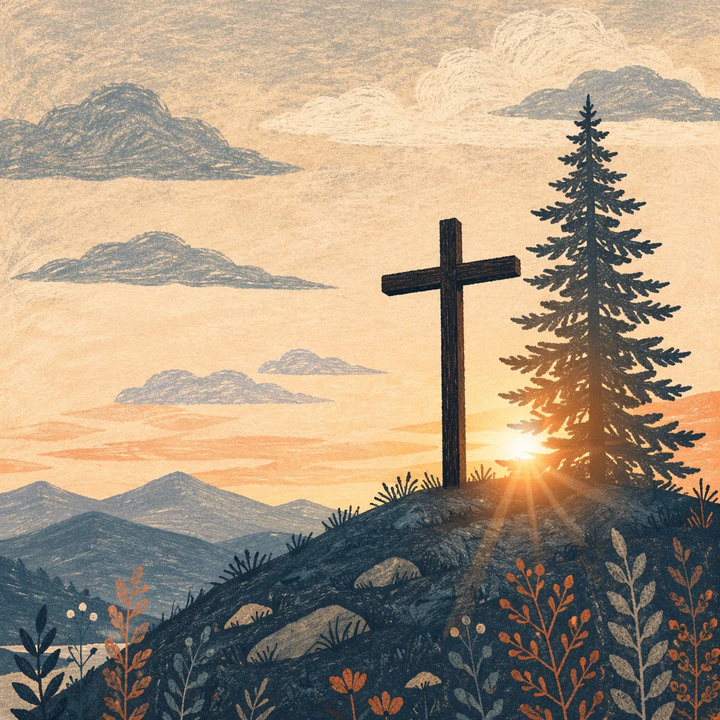 Wooden Cross Sunrise with Evergreen Silhouette