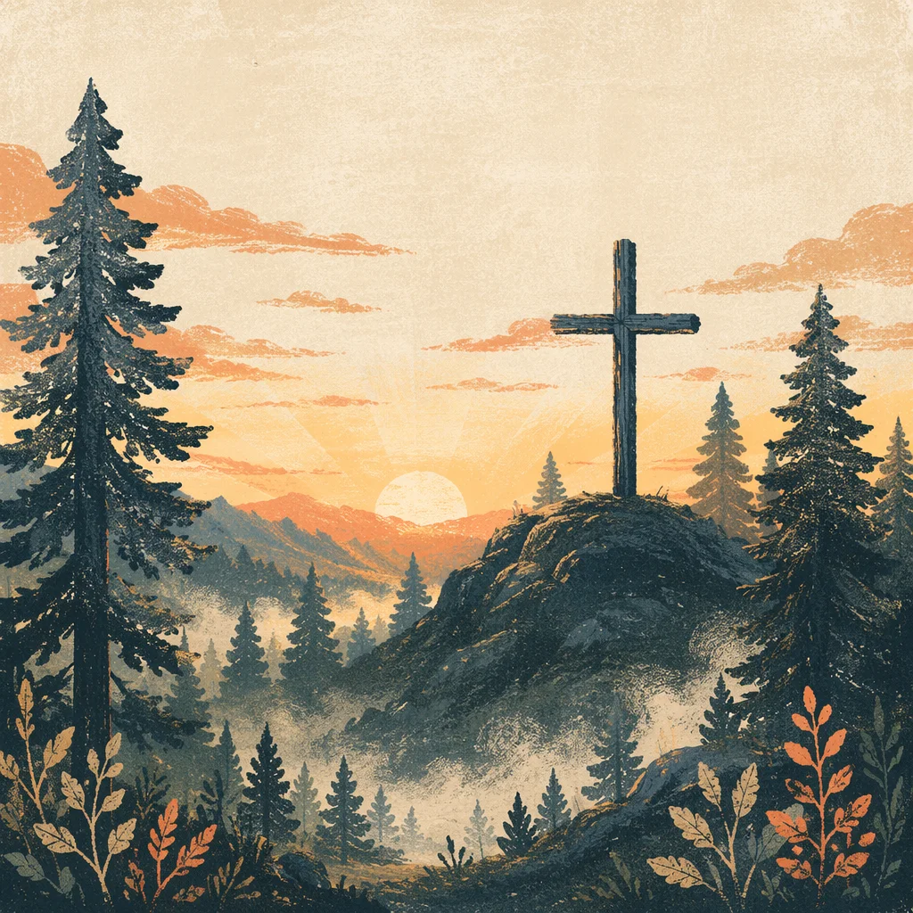 Wooden Cross at Evergreen Sunrise