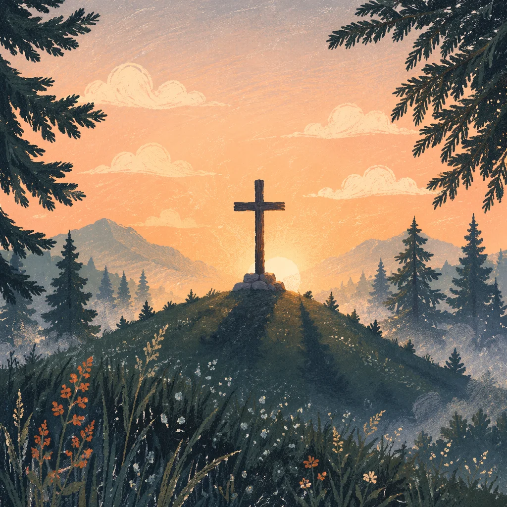 Wooden Cross at Evergreen Sunrise