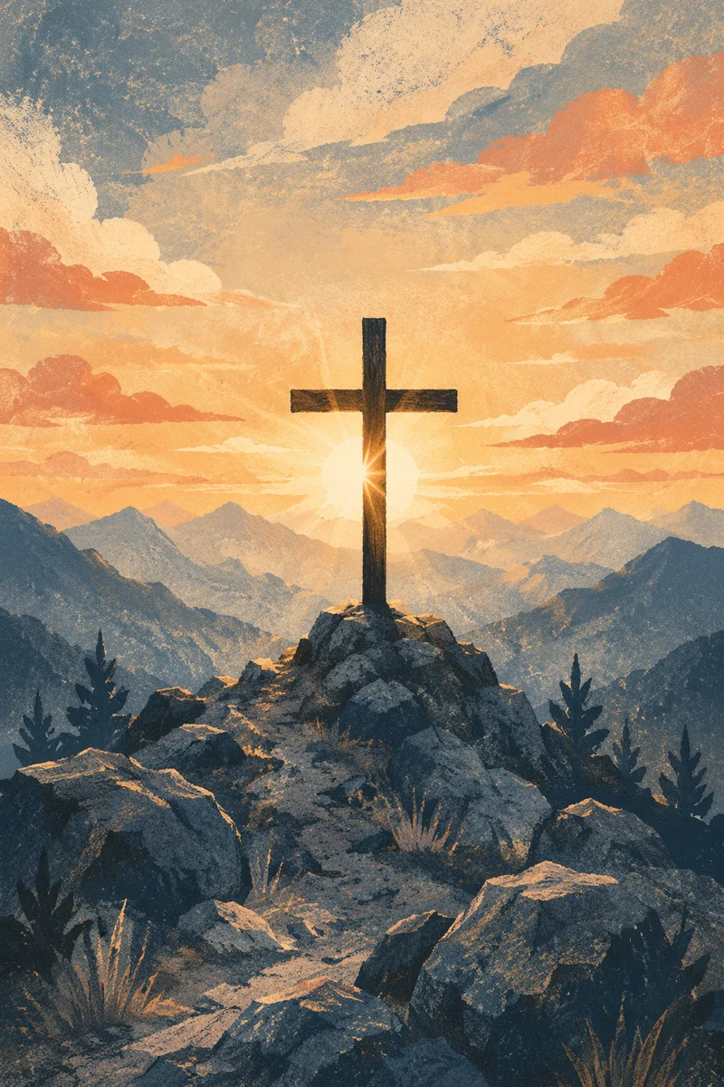Wooden Cross Sunrise Mountain Silhouette