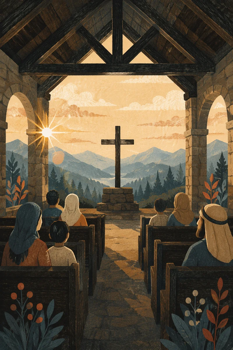Wooden Cross Sunrise in Mountain Chapel