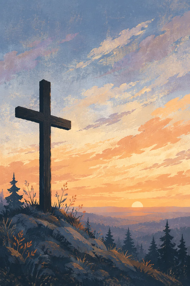 Wooden Cross Silhouette at Evergreen Sunrise