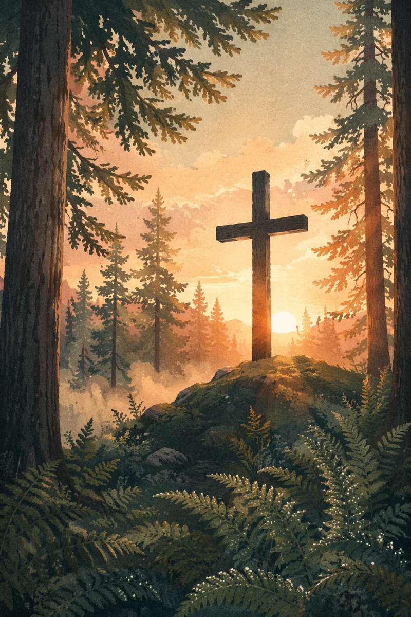 Wooden Cross at Sunrise in Evergreen Forest