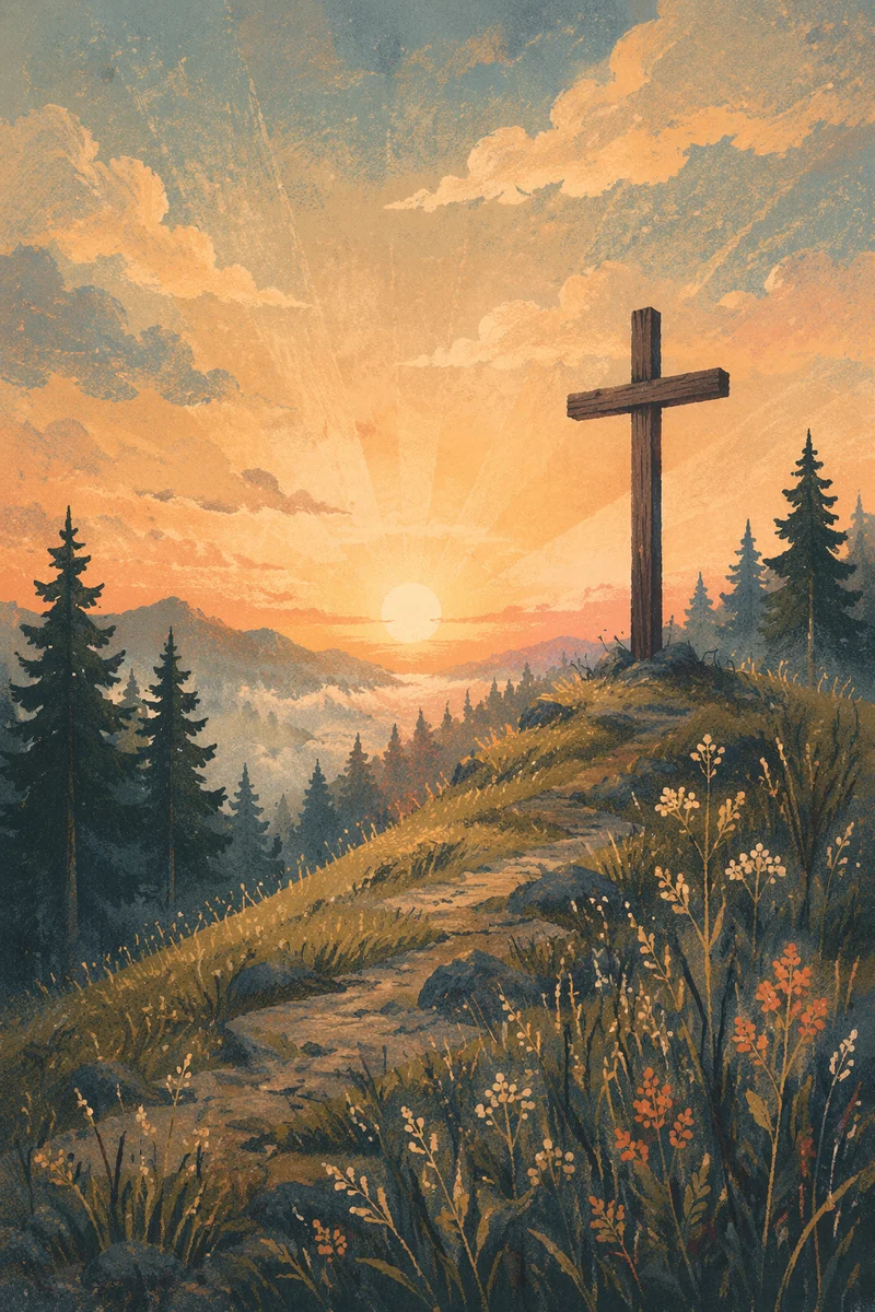 Wooden Cross Sunrise Among Evergreen Pines