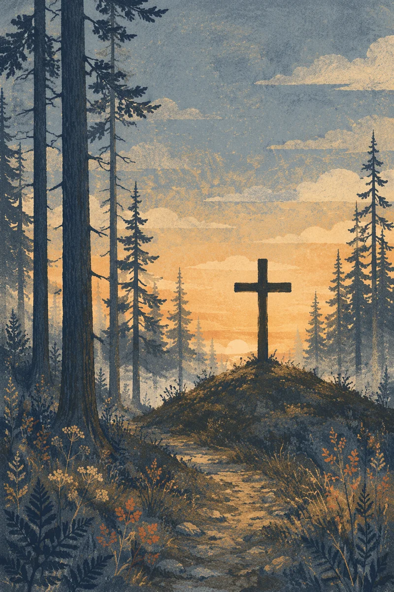 Wooden Cross at Evergreen Sunrise