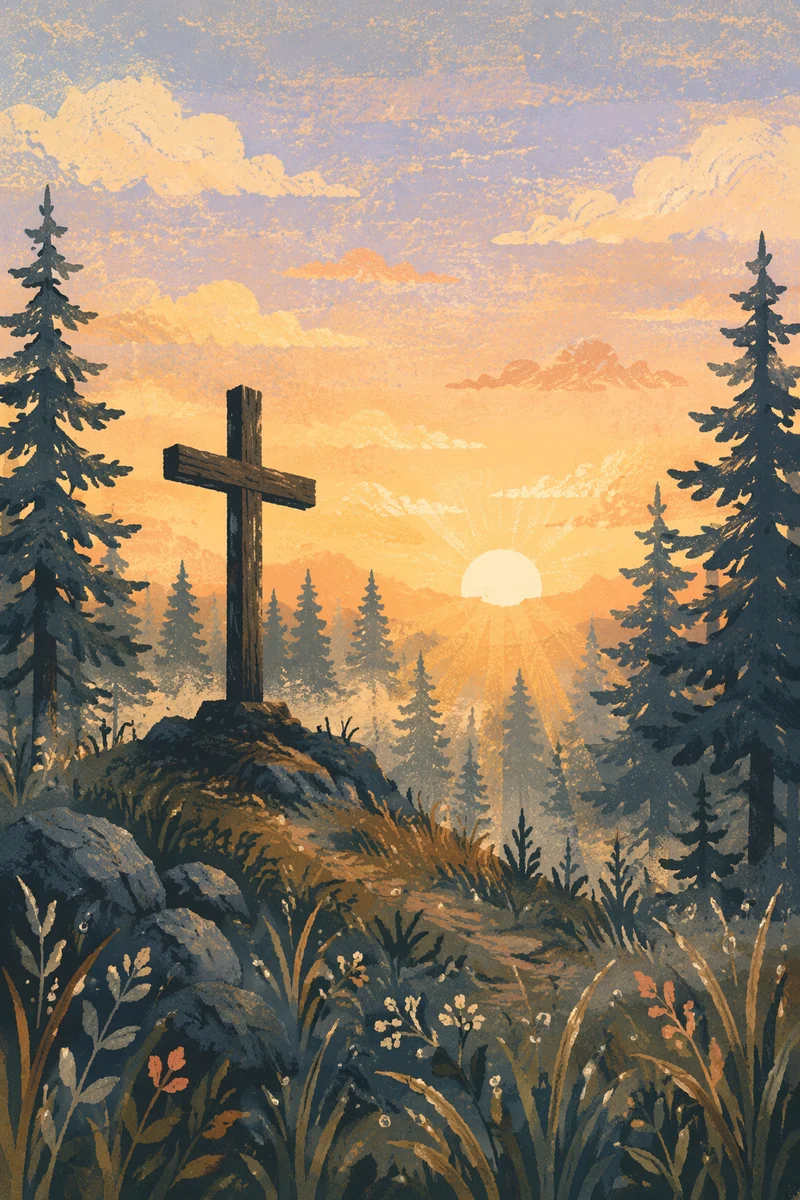 Wooden Cross at Evergreen Sunrise