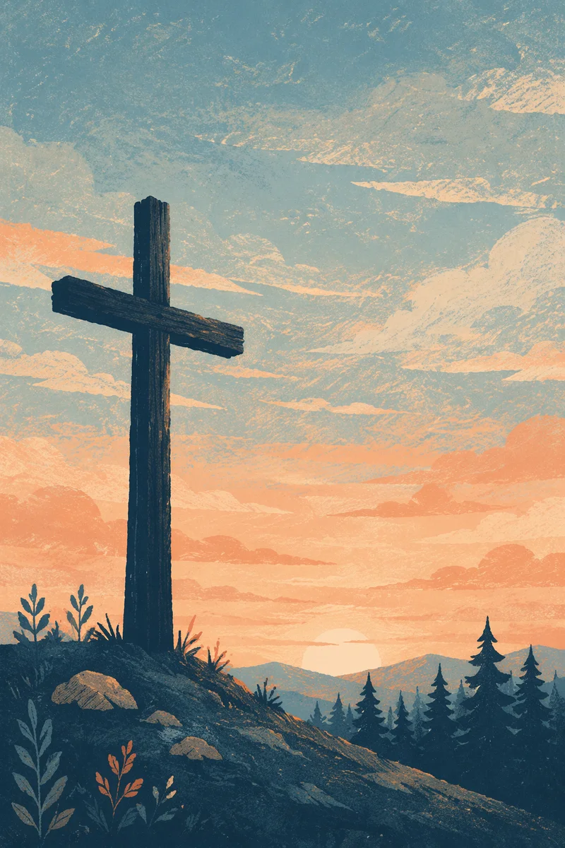 Wooden Cross Silhouette on Evergreen Sunrise Hillside