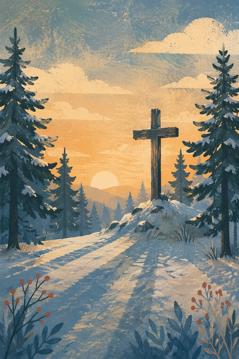 Wooden Cross Silhouette at Evergreen Sunrise