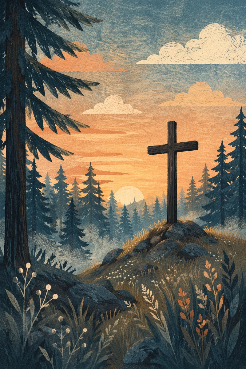 Wooden Cross at Evergreen Sunrise