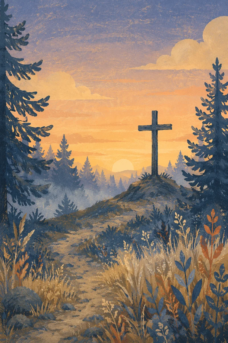 Wooden Cross at Evergreen Sunrise