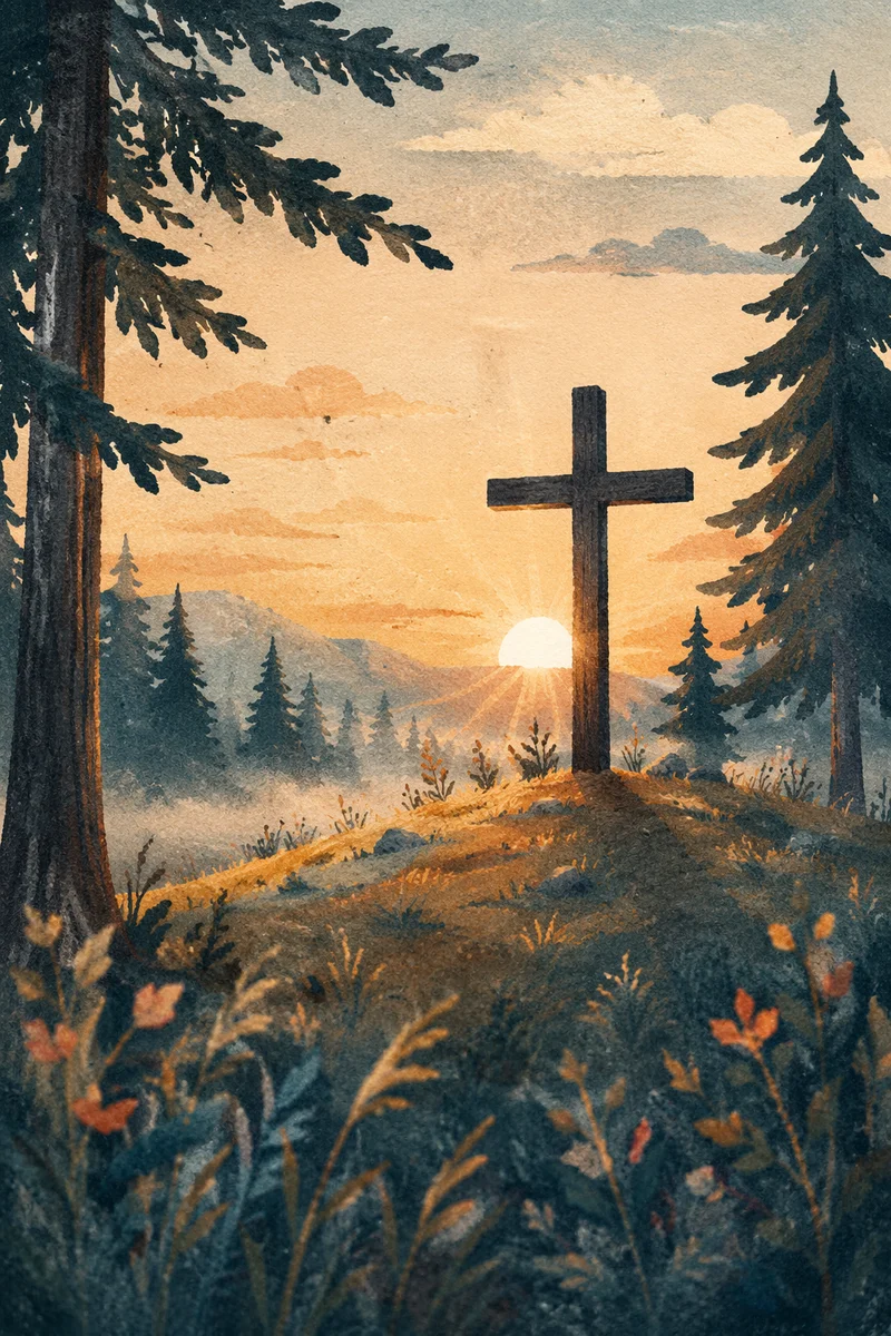 Wooden Cross Sunrise Over Evergreen Hill
