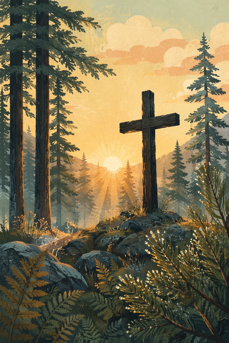 Wooden Cross at Evergreen Sunrise
