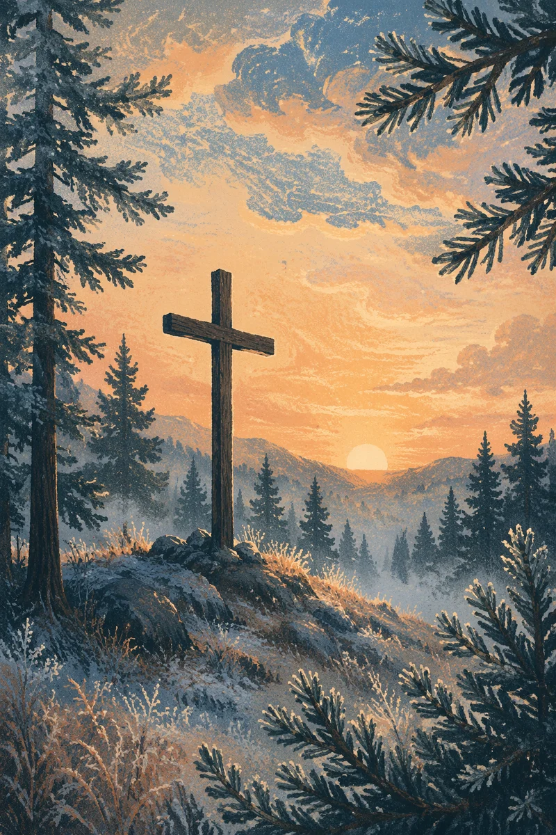 Wooden Cross Silhouette at Evergreen Sunrise
