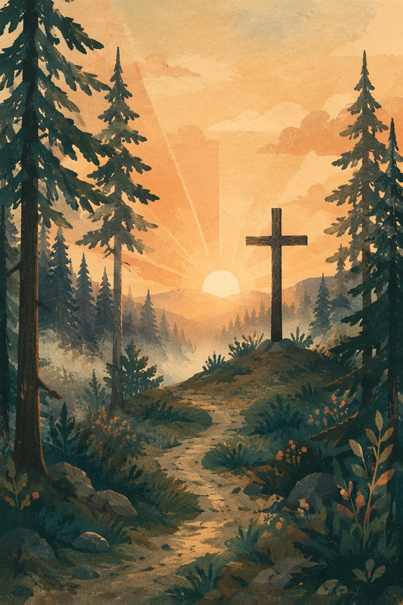 Wooden Cross Silhouette at Evergreen Sunrise