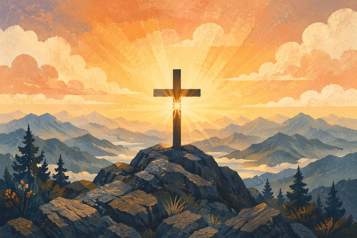 Wooden Cross Silhouette at Mountain Sunrise