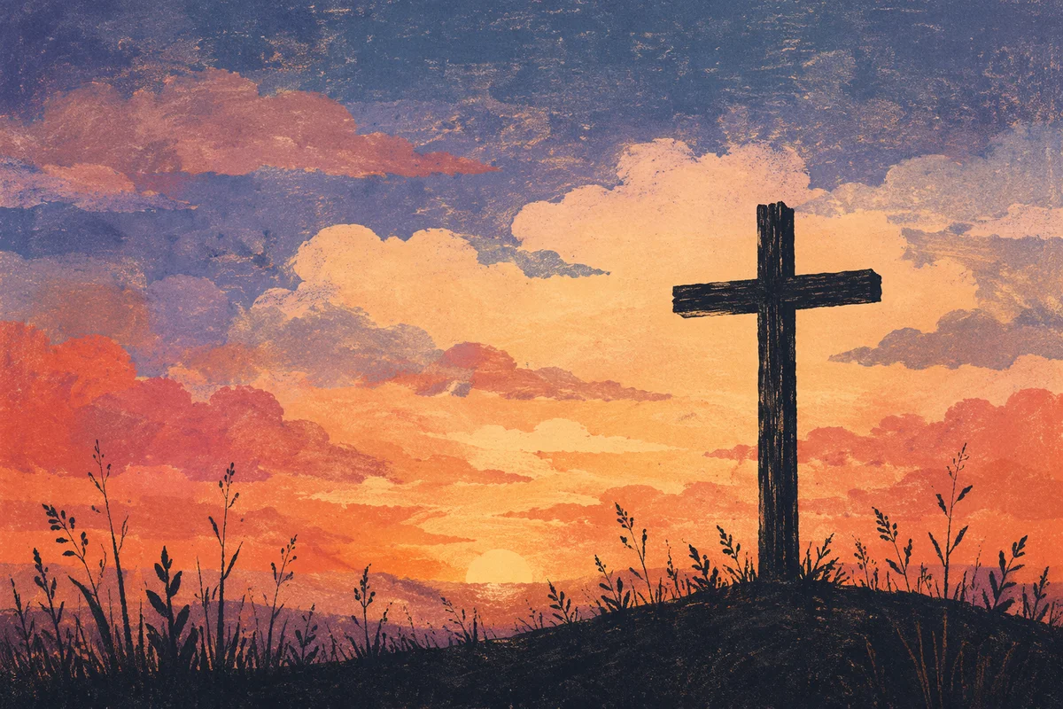 Weathered Wooden Cross at Peaceful Sunrise