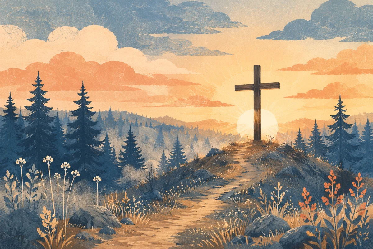 Wooden Cross at Evergreen Sunrise