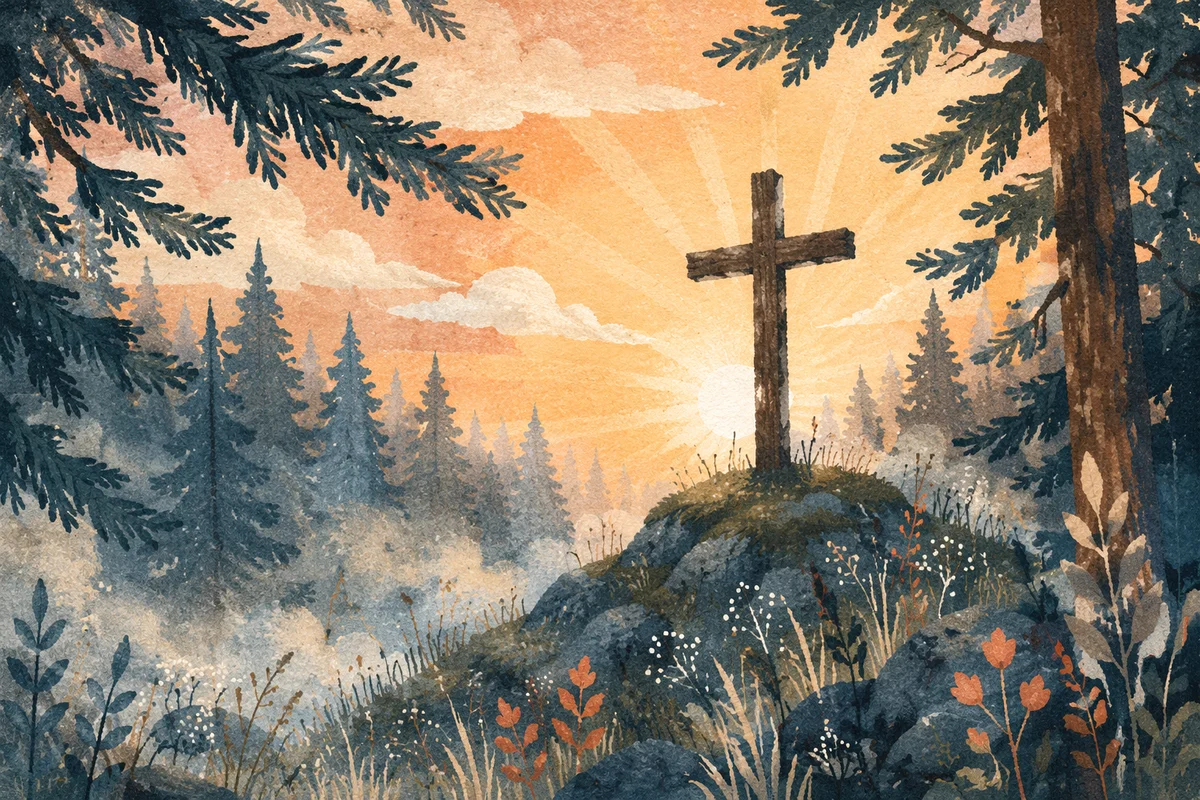Wooden Cross at Evergreen Sunrise