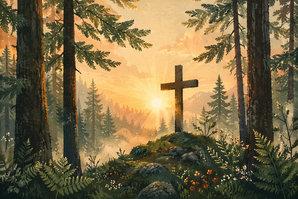Wooden Cross Silhouette at Evergreen Sunrise