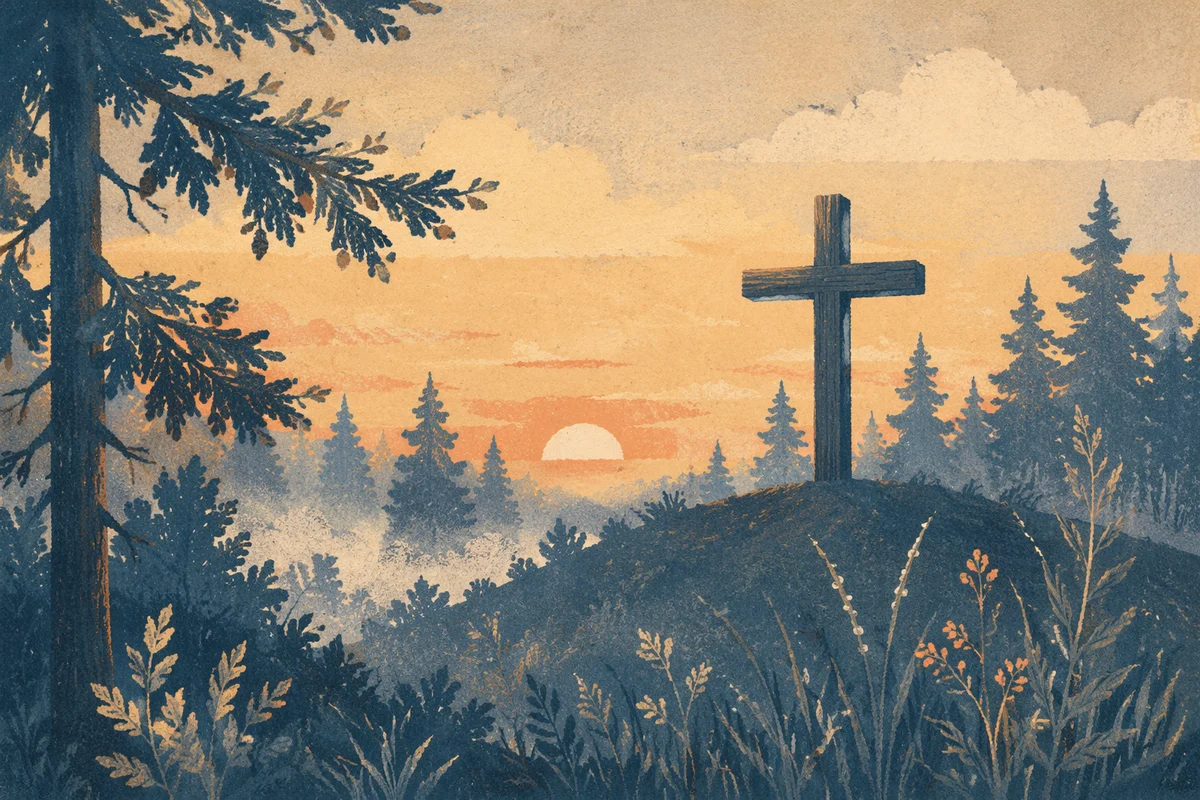 Wooden Cross at Evergreen Sunrise