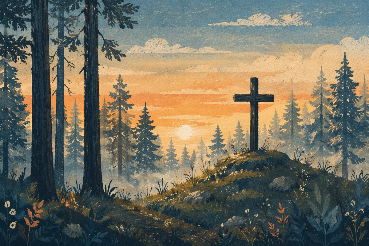 Wooden Cross at Evergreen Sunrise