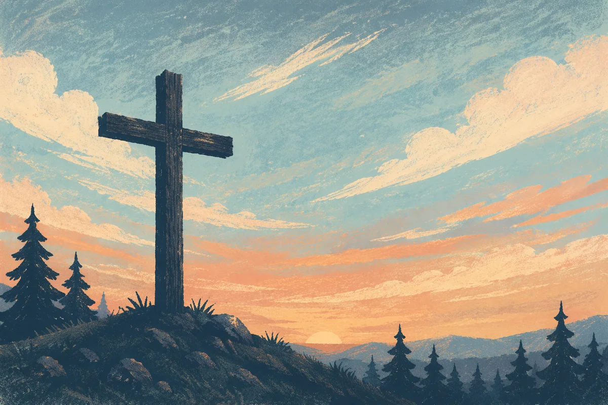 Wooden Cross Silhouette at Evergreen Sunrise