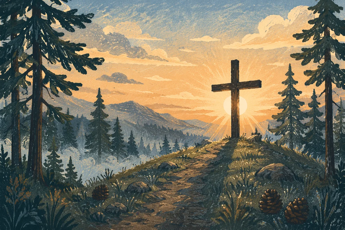Wooden Cross Sunrise on Evergreen Ridge