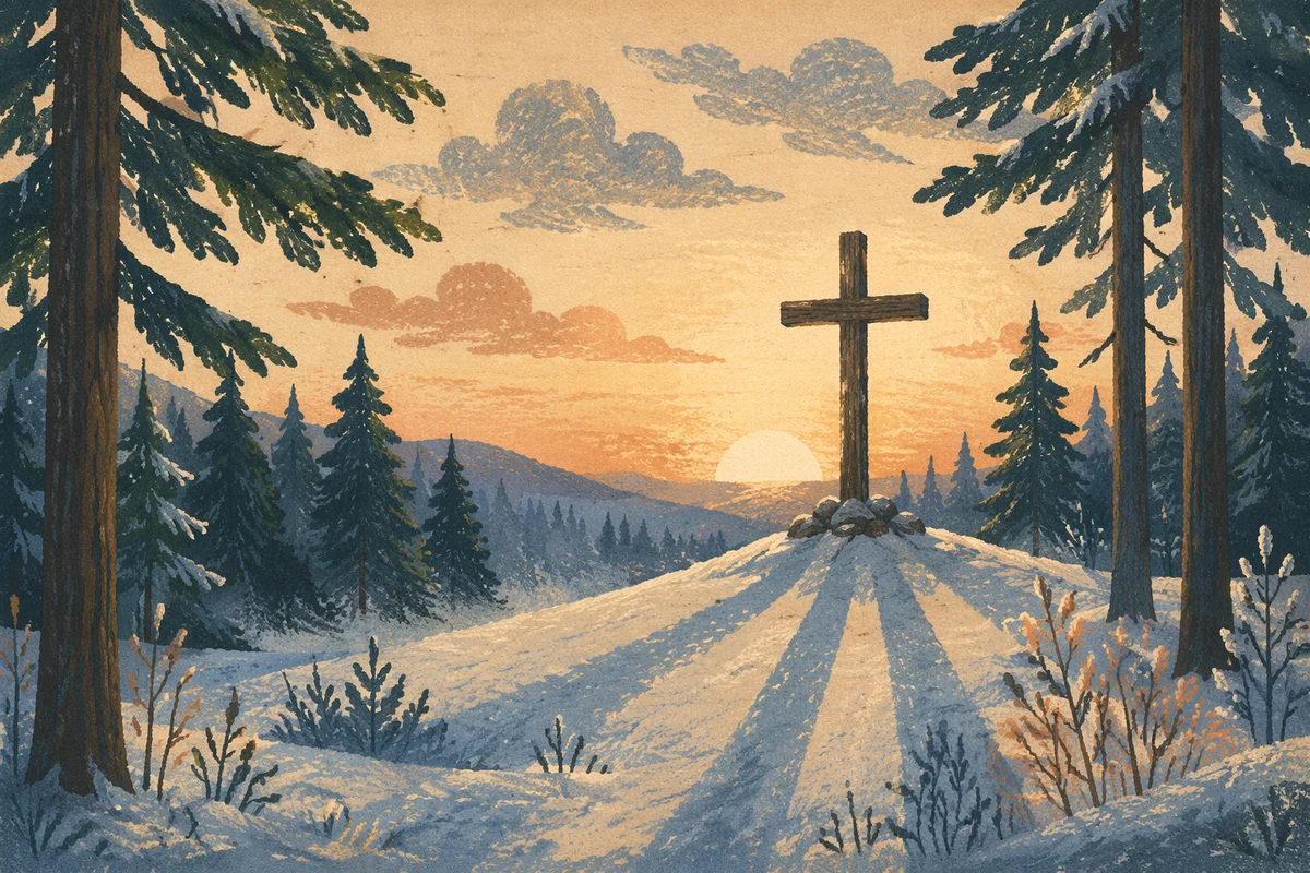Wooden Cross Silhouette at Evergreen Sunrise