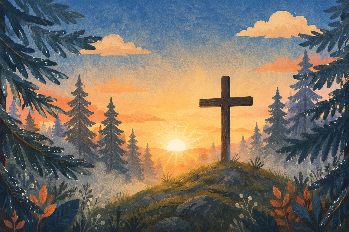 Wooden Cross at Evergreen Sunrise
