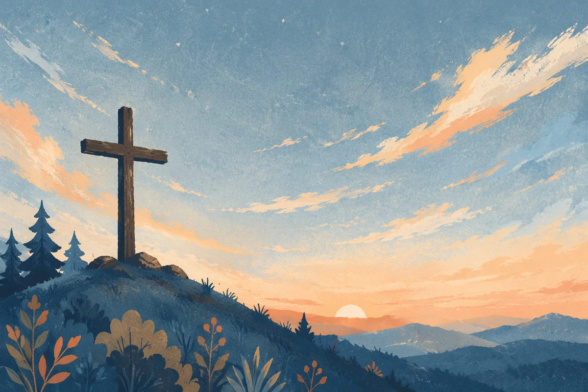Wooden Cross Silhouette at Evergreen Sunrise
