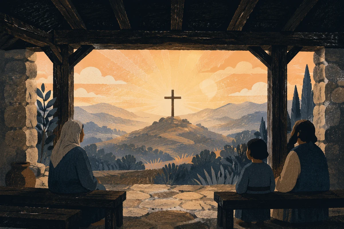 Wooden Cross Silhouette at Mountain Sunrise