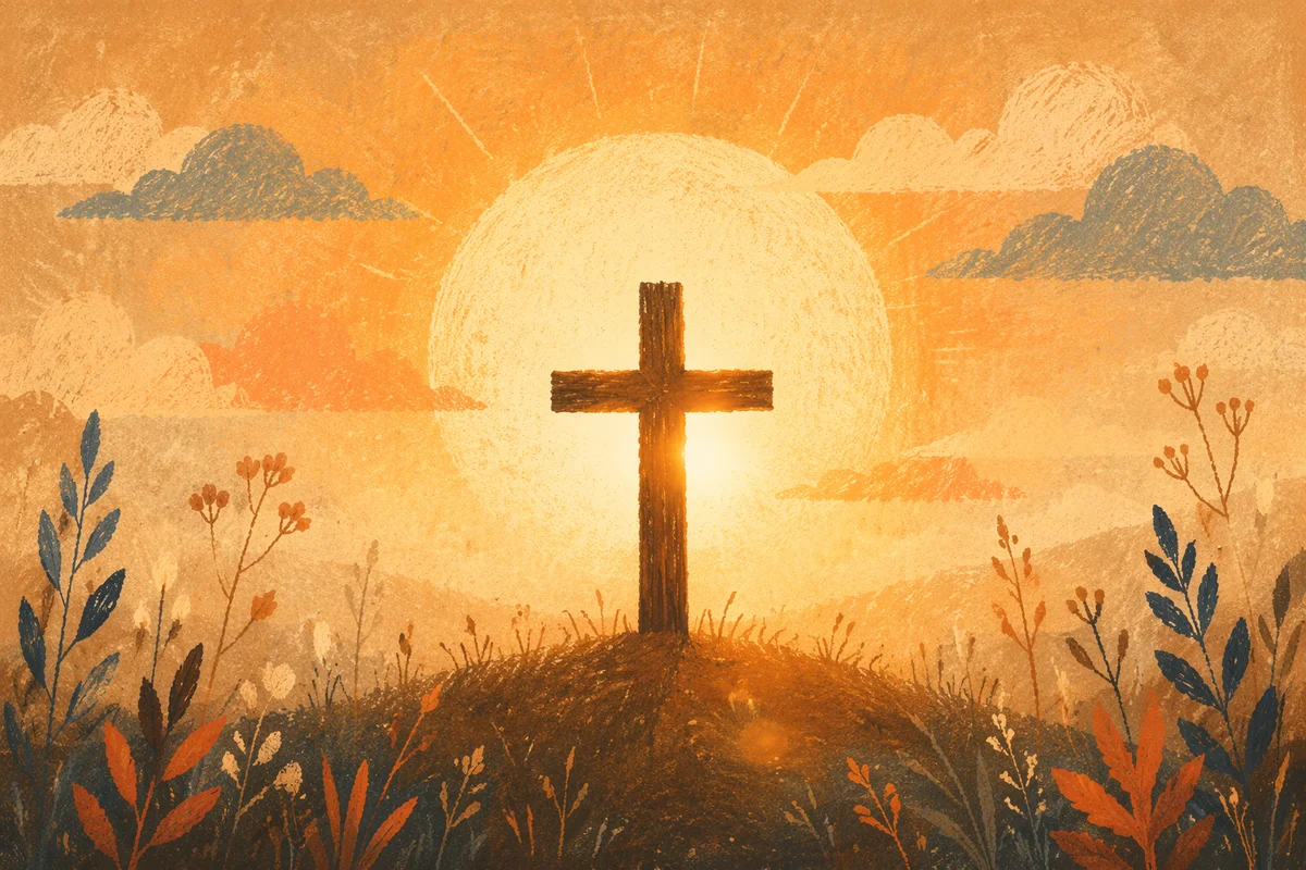 Wooden Cross Silhouette at Sunrise Meadow
