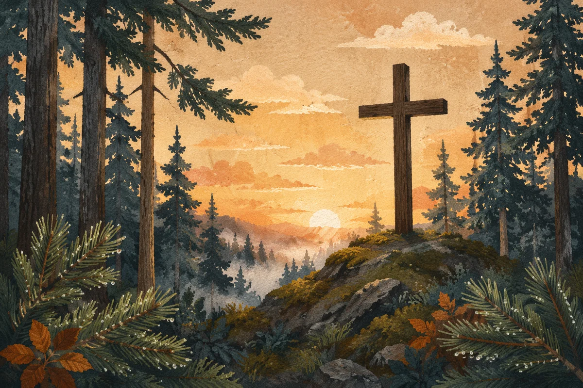 Wooden Cross at Evergreen Sunrise