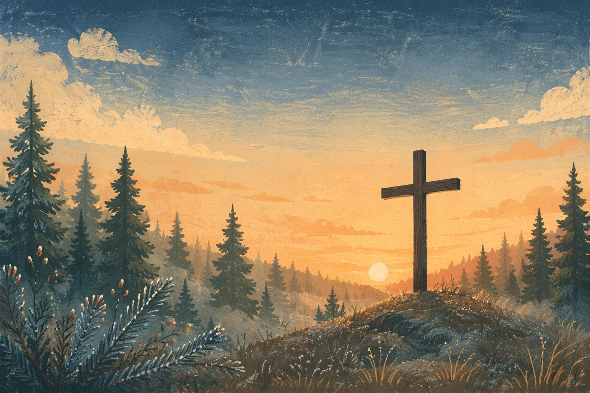 Wooden Cross at Evergreen Sunrise