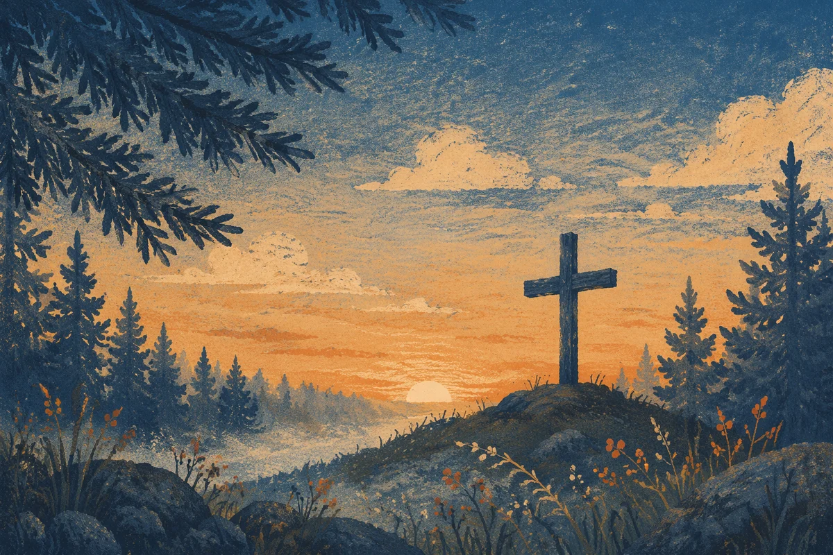 Wooden Cross Silhouette at Evergreen Sunrise